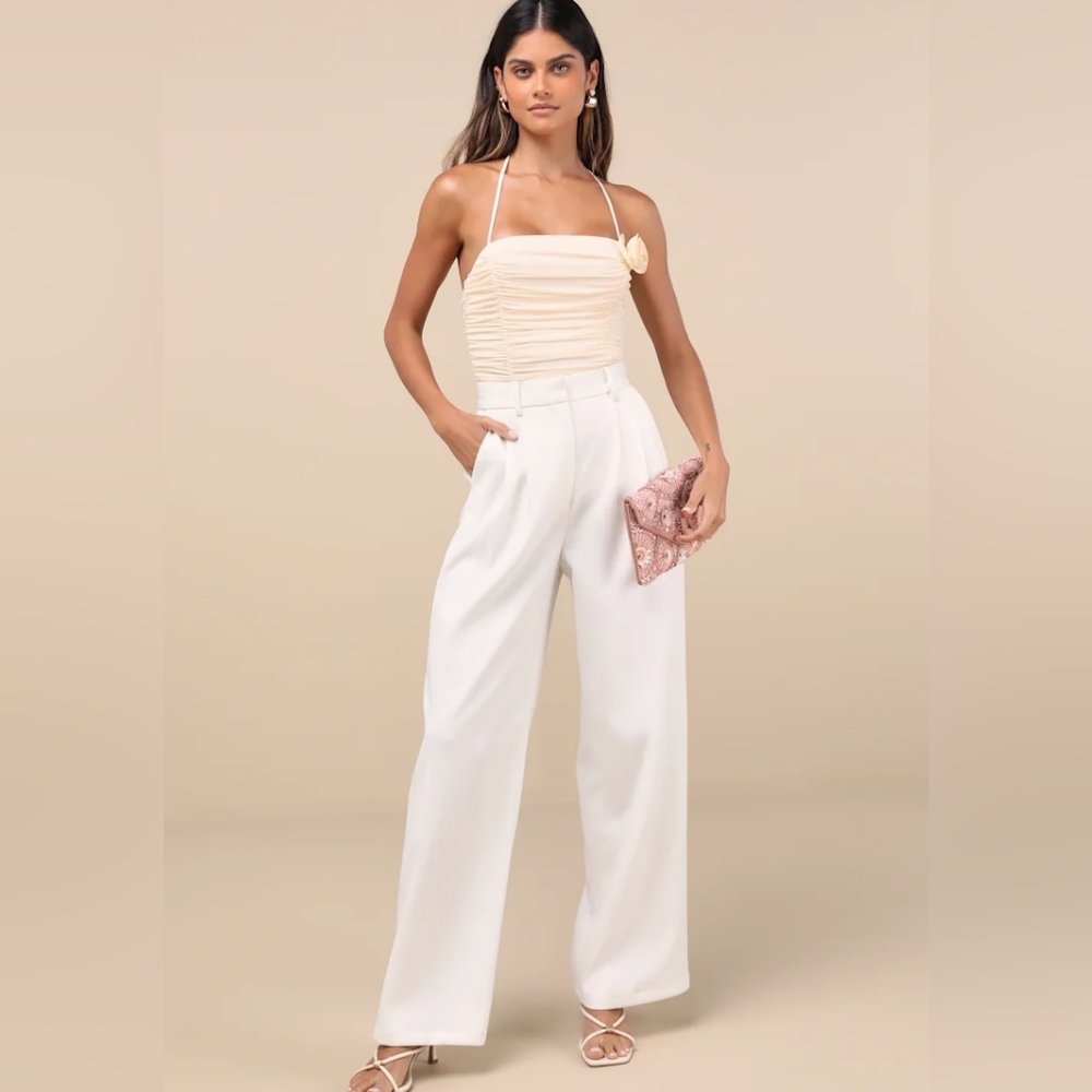 NWT Lulus Elyas Cream Mesh Ruched Rosette Backless Bodysuit Size M